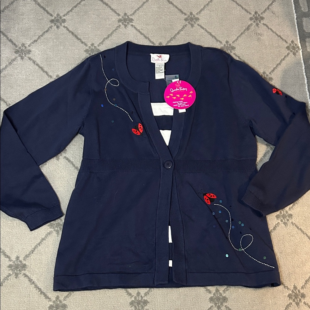 Vintage Quacker Factory Navy Twofer Sweater with Red Lady Bug Accents